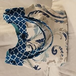 Blue and Cream Decorative Tote Bag with Button Accent